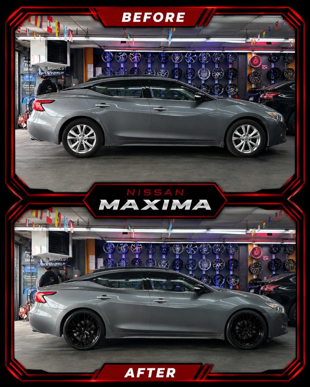 Nissan Maxima photographed before and after a wheel upgrade at Speed Auto USA: stock silver factory wheels on top, a fresh set of gloss black wheels on the bottom
