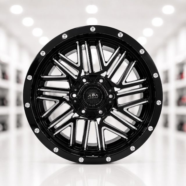 Black milled off-road wheel with exposed lip bolts for trucks and SUVs